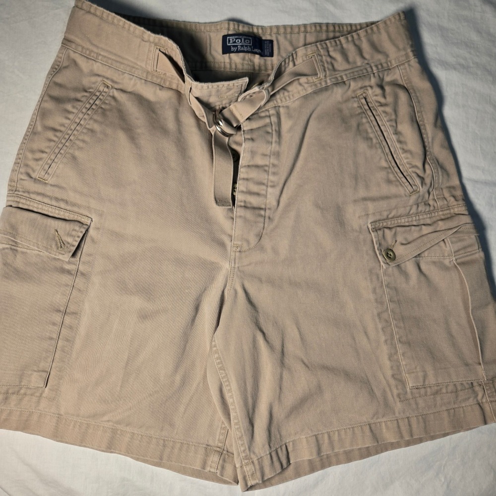 Polo Ralph Lauren Mens Cargo Shorts 36 Khaki Tan D-Ring Belted Cotton Twill